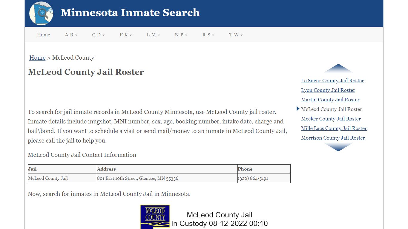 McLeod County Jail Roster - Minnesota Inmate Search